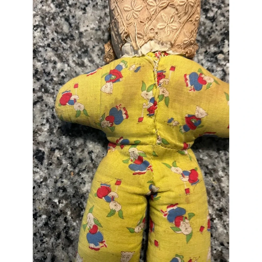 Vintage Cloth Doll Painted‎ Mask Face Lace Bonnet Blue Eyes Stuffed Toy Antique